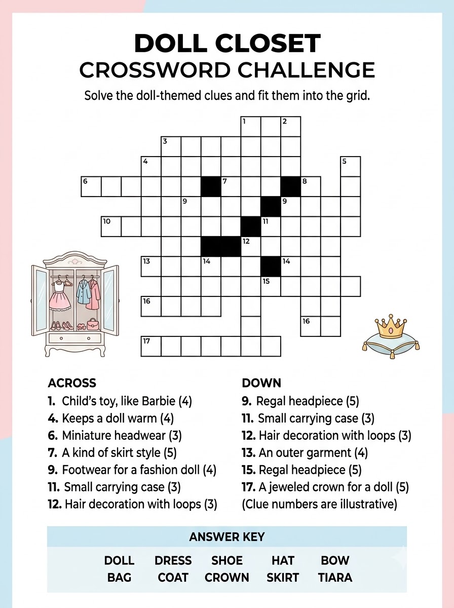 Doll Closet Crossword Challenge — styled crossword with doll-themed clues and answer key